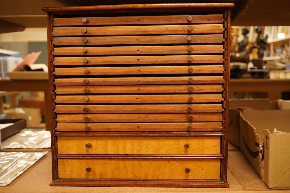 A Victorian satin birch coin collector's cabinet, front panel lacking